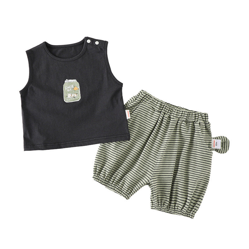 Cute Cartoon Printed Sleeveless Vest Set for Baby Boys Summer Outfit 1-3 Years Old Fashionable Clothing