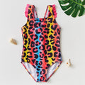 3-10 Years Kids Swimsuit Colorful Leopard Print Bow Girls One-Piece Swimwear Children's Swimsuit