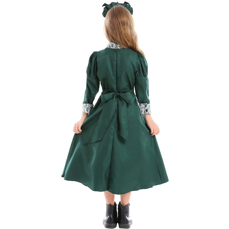 Halloween Kids Costume Cosplay Parent-Child Outfit Mysterious Castle Bat Servant Dark Green Lace Dress