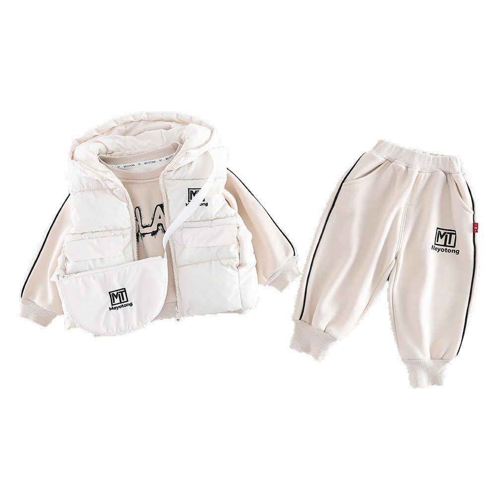 Winter clothing thickened warm vest children's hoodie three piece set