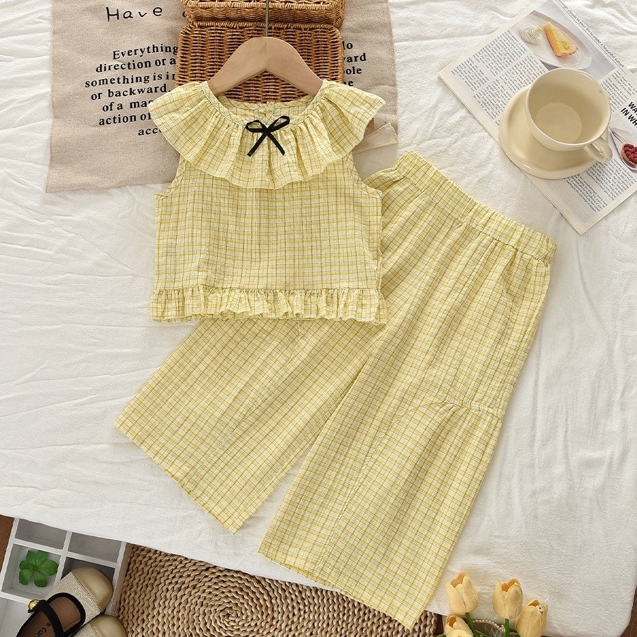 Girls' Summer Outfit with Ruffle Details, Sleeveless Top and Long Pants Two-Piece Set, Fashionable Casual Children's Clothing
