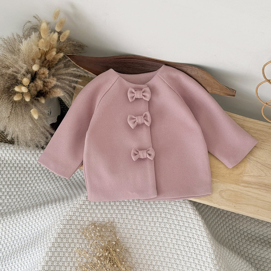 Girls' pink woolen coat with bow decoration and snap button children's clothing