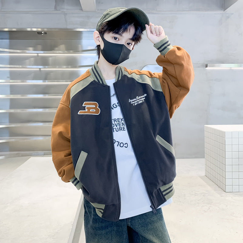 Boys Baseball Jacket Cotton Padded Warm Autumn Winter Outerwear Youth Long Sleeve Zip Front Coat