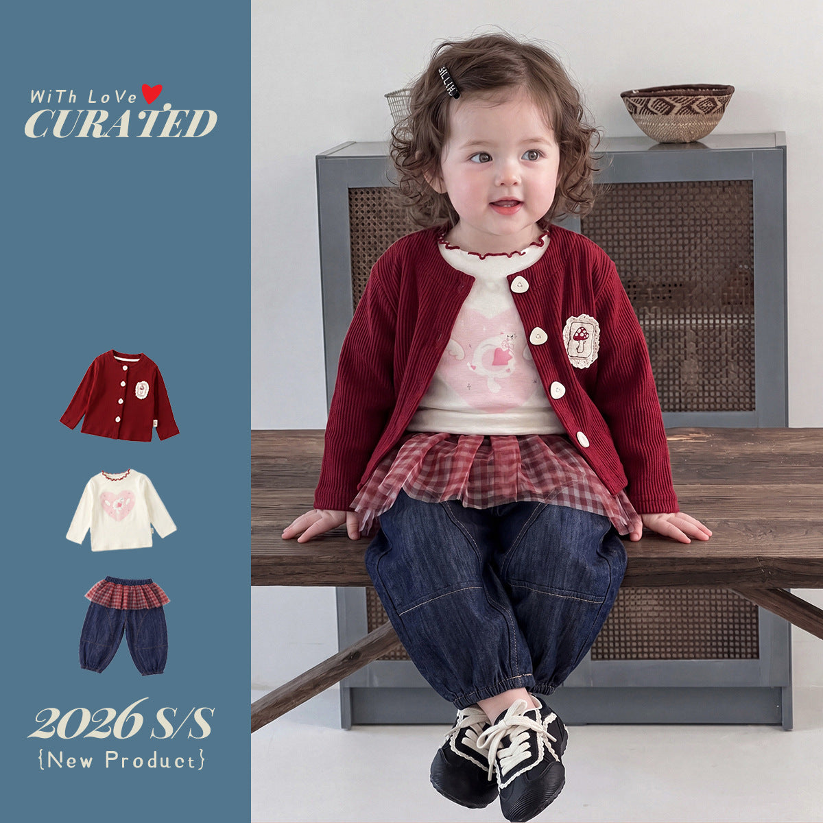 Birthday Outfit 3-Piece Set Cardigan Printed Top Tulle Jeans Pants Kids Clothing Set