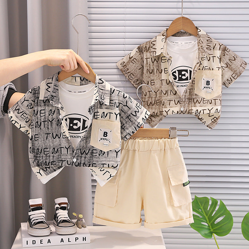 Summer clothes boys' and children's shirts short sleeved three piece set