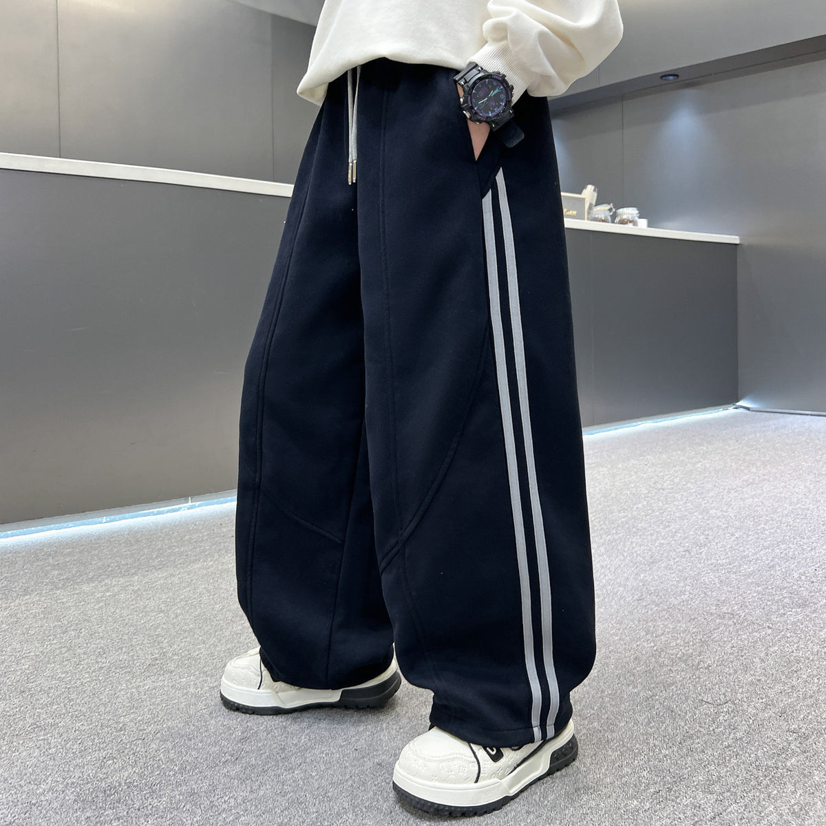 Boys Casual Three-Striped Athletic Pants - Relaxed Straight Leg Sweatpants for Big Kids - Autumn Winter