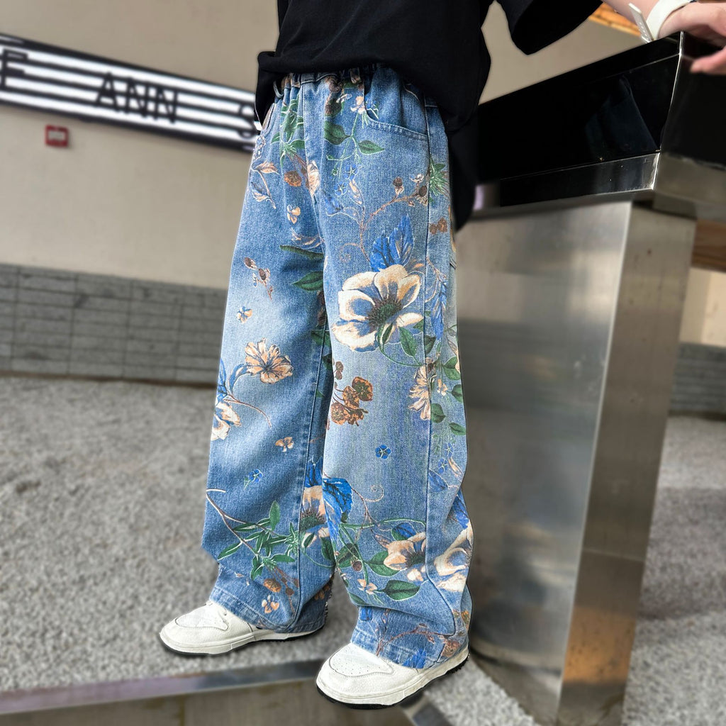 Girls' Floral Wide-Leg Jeans