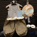 Casual Stripe Ruffle Sleeveless Top ampCargo Pants Set for Girls Summer Outfit Two-Piece Clothing