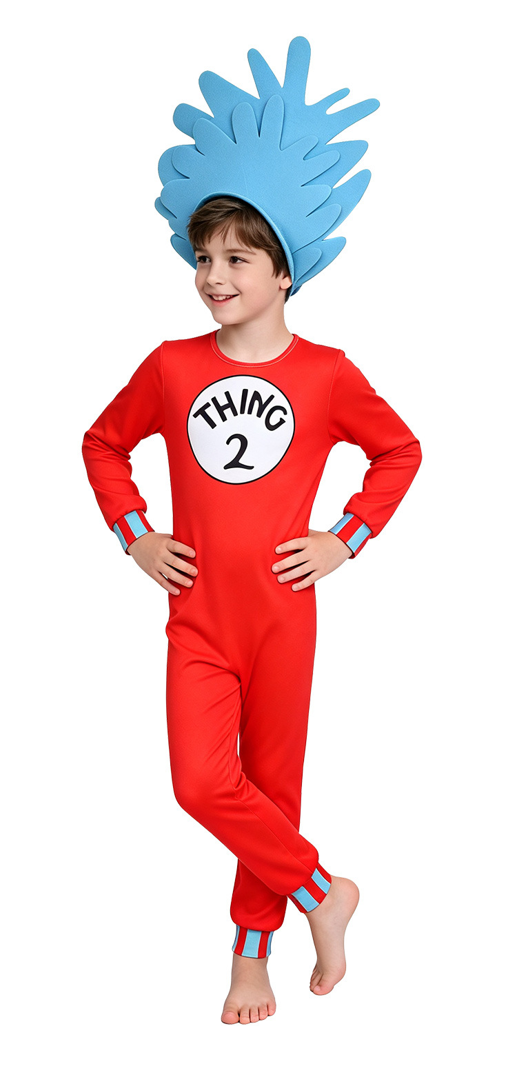 Halloween Dr. Seuss Kids Cosplay Costume Cat in the Hat Thing 1 Thing 2 Red Jumpsuit