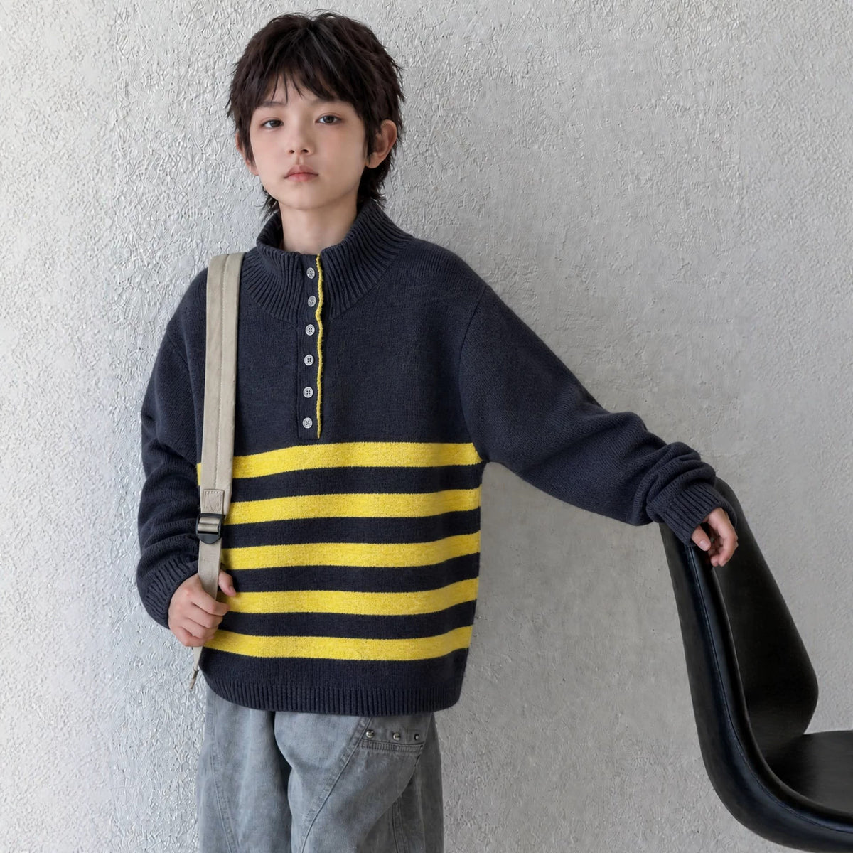 Boys' Autumn Winter Striped Half-Open Collar Knit Sweater