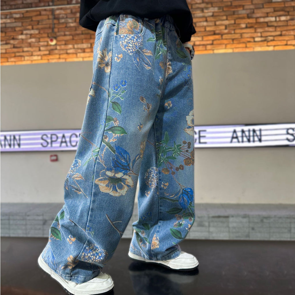 Girls' Floral Wide-Leg Jeans