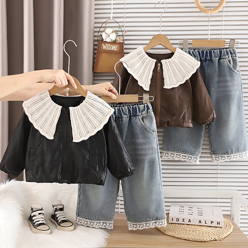 Girls Autumn Winter Knit Three-Piece Set with Large Lapel