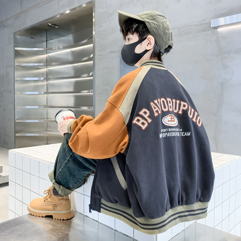 Boys Baseball Jacket Cotton Padded Warm Autumn Winter Outerwear Youth Long Sleeve Zip Front Coat