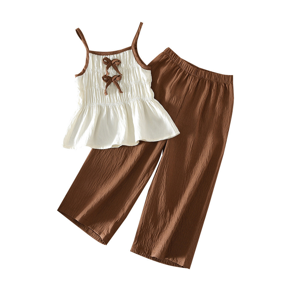 Girls' Summer Outfit SetNew Bow Strap Wide Leg Long Pants Two-Piece Set, Children's Clothing