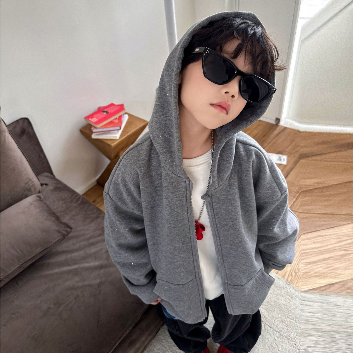 Boys' Thickened Fleece Hooded Zip-Up Jacket  Relaxed Fit Autumn Winter Kids Outerwear