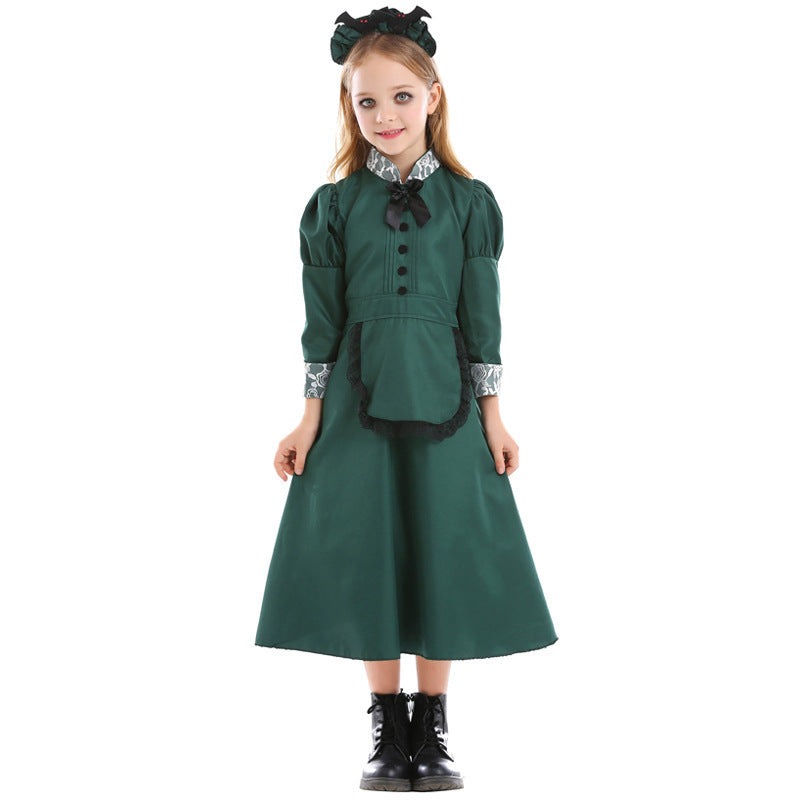 Halloween Kids Costume Cosplay Parent-Child Outfit Mysterious Castle Bat Servant Dark Green Lace Dress