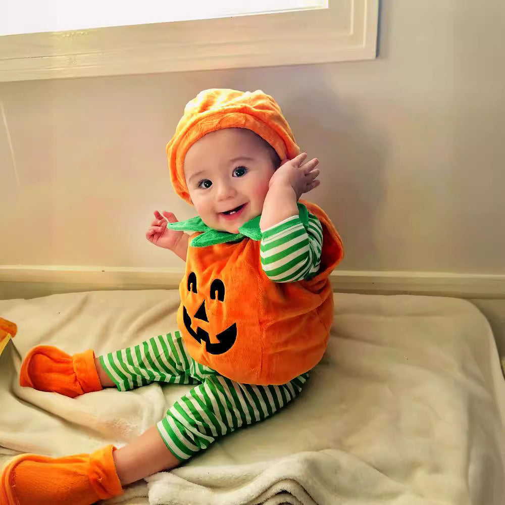 Cute Halloween Kids' Pumpkin Triangular Romper Set with Round Neck and Sleeveless DesignThree-Piece Outfit