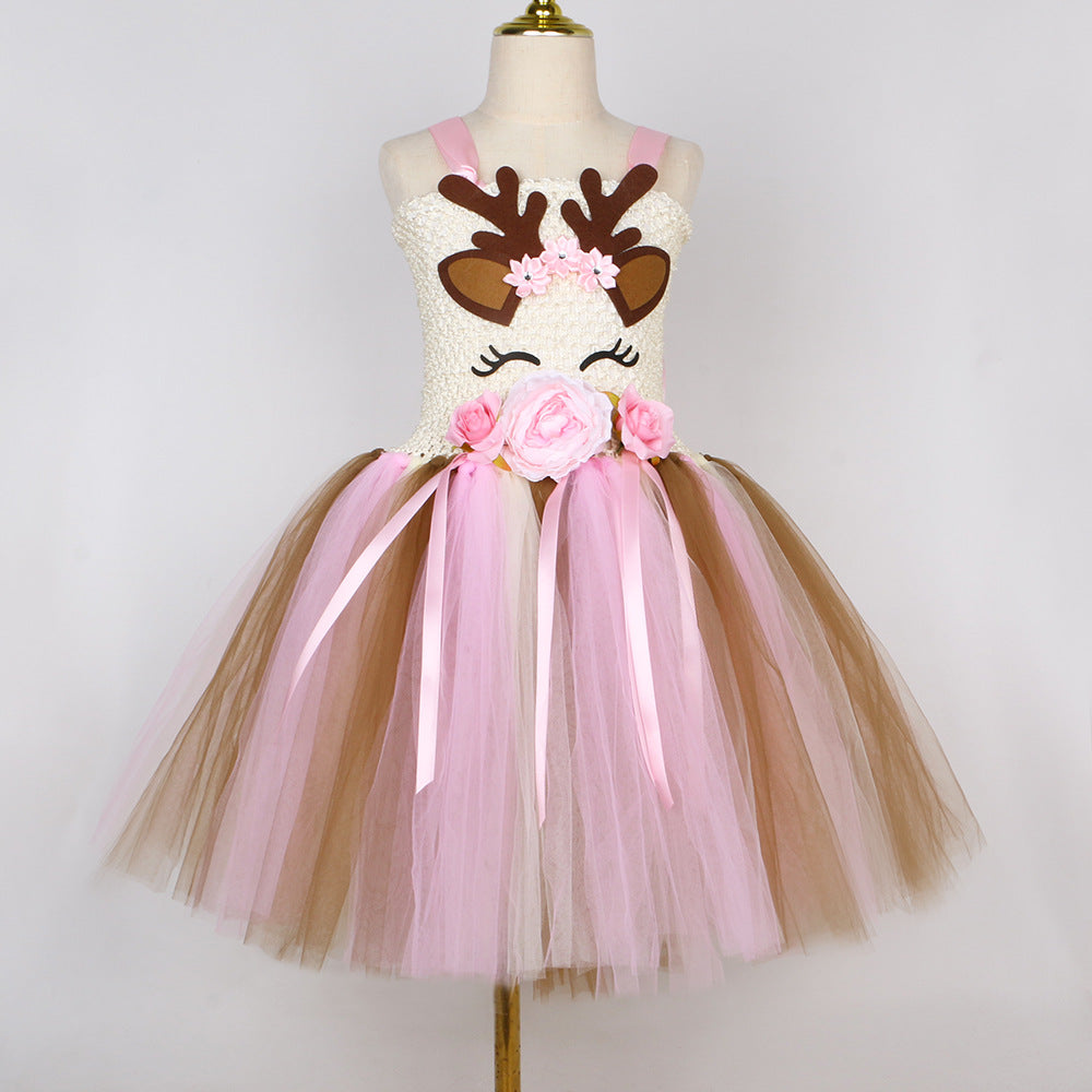 Halloween Christmas Deer Flower Dress Kids Costume Clothing Cartoon Deer Tutu Skirt Girl Tulle Princess Dress