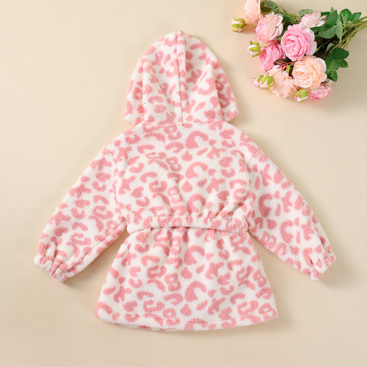 Winter Fashion Leopard Print Double-Sided Fleece Hooded Waist-Cinched Casual Coat for Girls