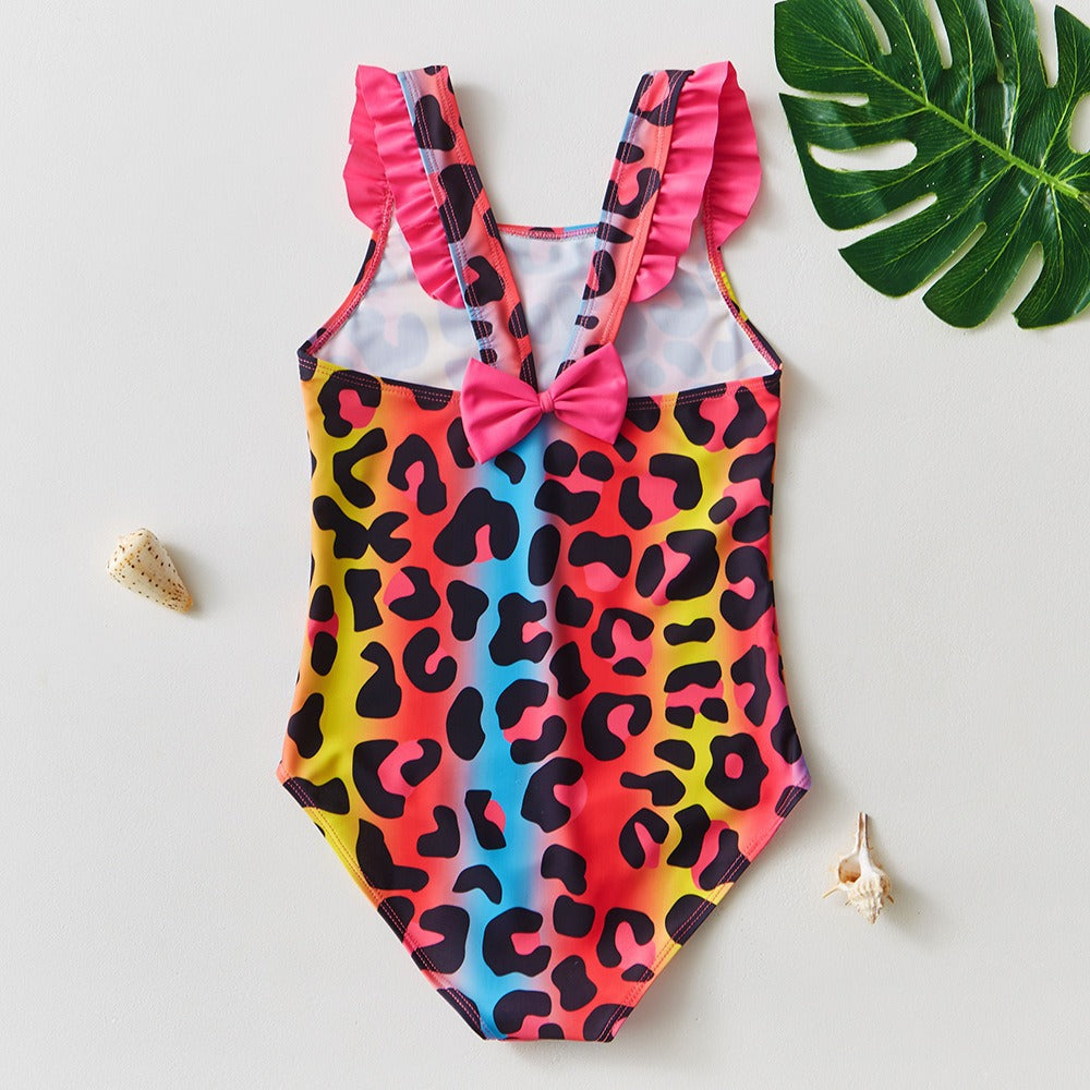3-10 Years Kids Swimsuit Colorful Leopard Print Bow Girls One-Piece Swimwear Children's Swimsuit