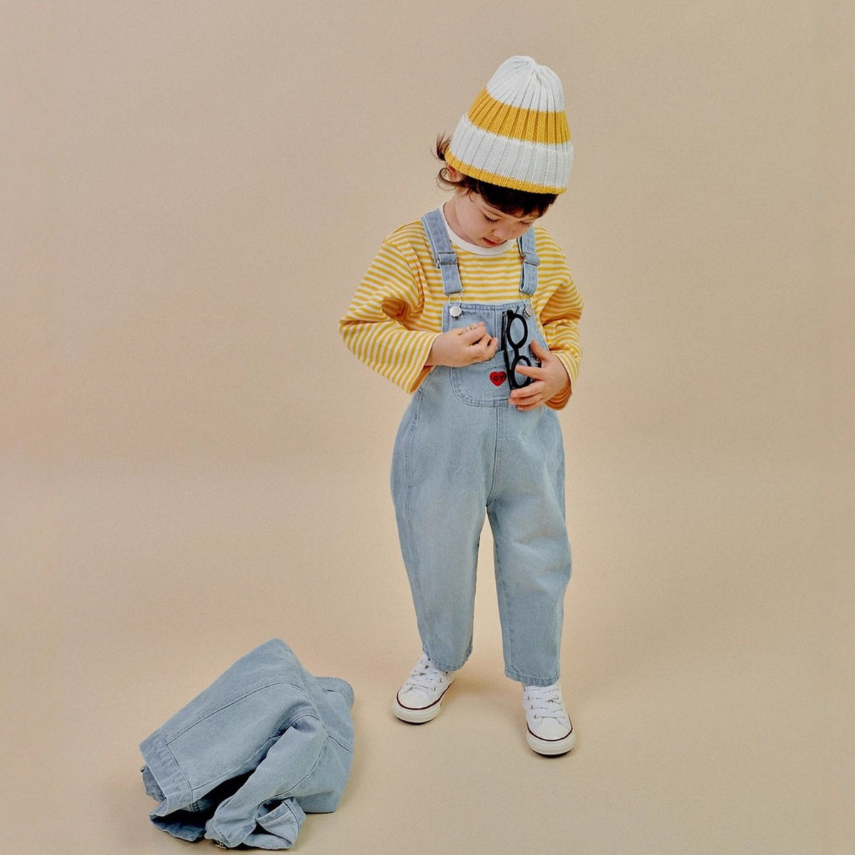 Casual Denim Overalls with Heart Pocket for Kids, Long Pants, Unisex Children's Jeans Trousers