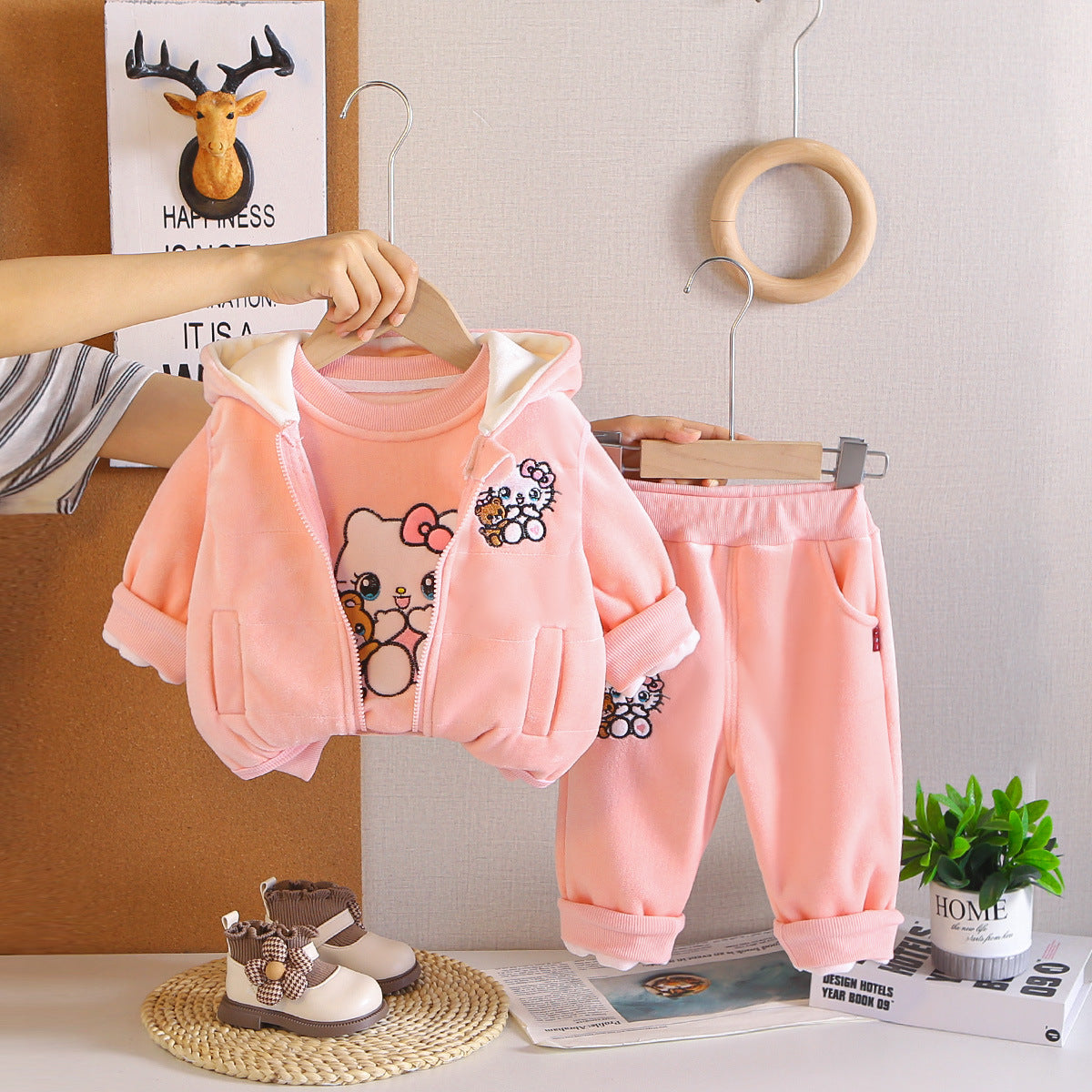 Girls Autumn Winter 3-Piece Set with Cat and Bear Print for Toddlers