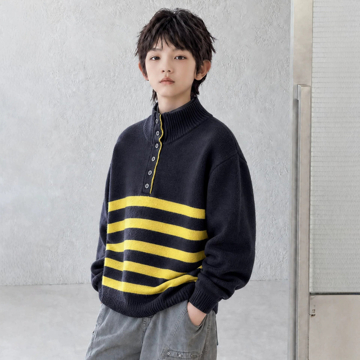 Boys' Autumn Winter Striped Half-Open Collar Knit Sweater