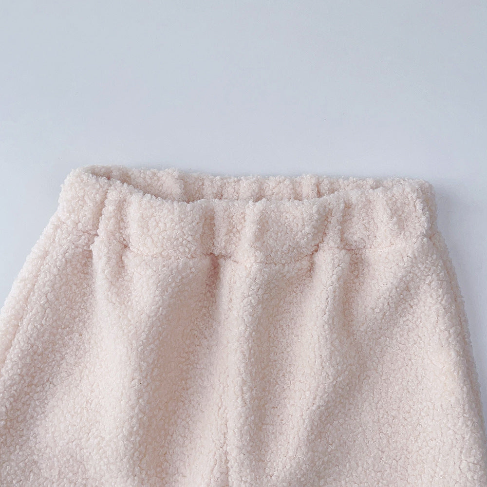 Fall Winter  Girls' Simple Letter Fleece High Neck Coat and Long Pants Two-Piece Set