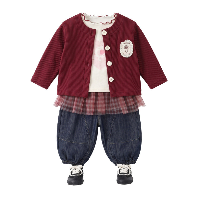 Kids' Cardigan, Top & Denim Pants Set