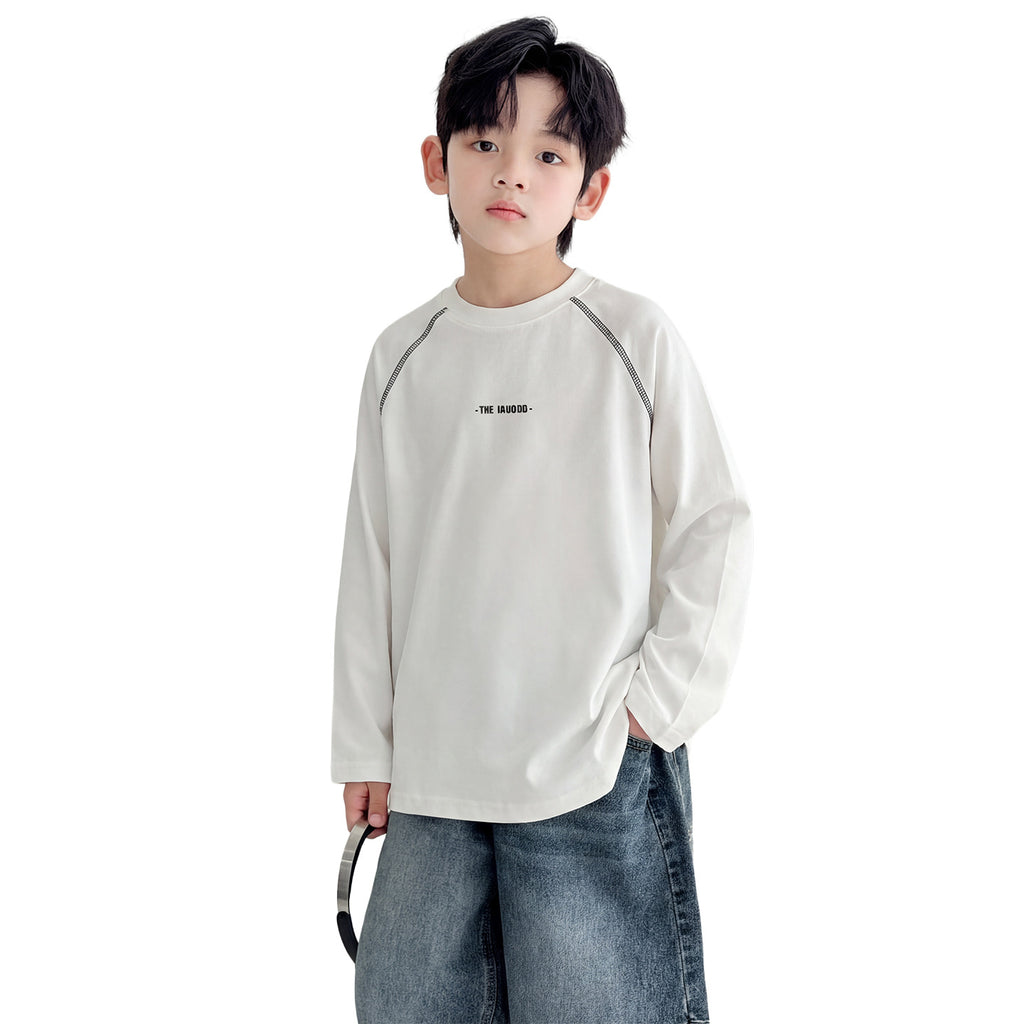 Boys' White Long Sleeve Round Neck Casual Loose Fit Autumn Winter T-Shirt