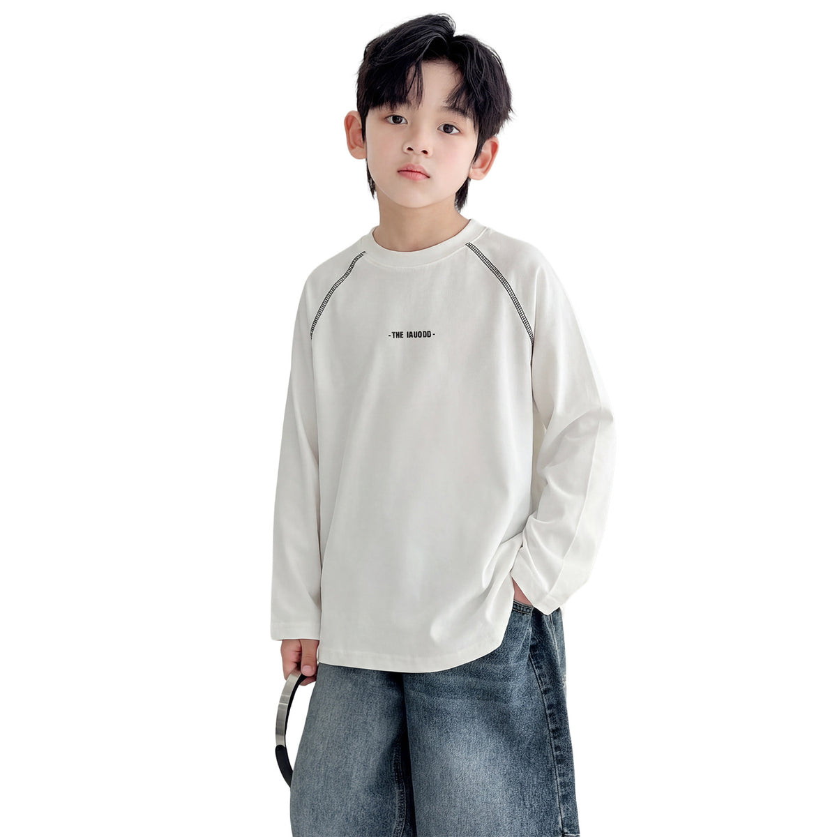 Boys' White Long Sleeve Round Neck Casual Loose Fit Autumn Winter T-Shirt