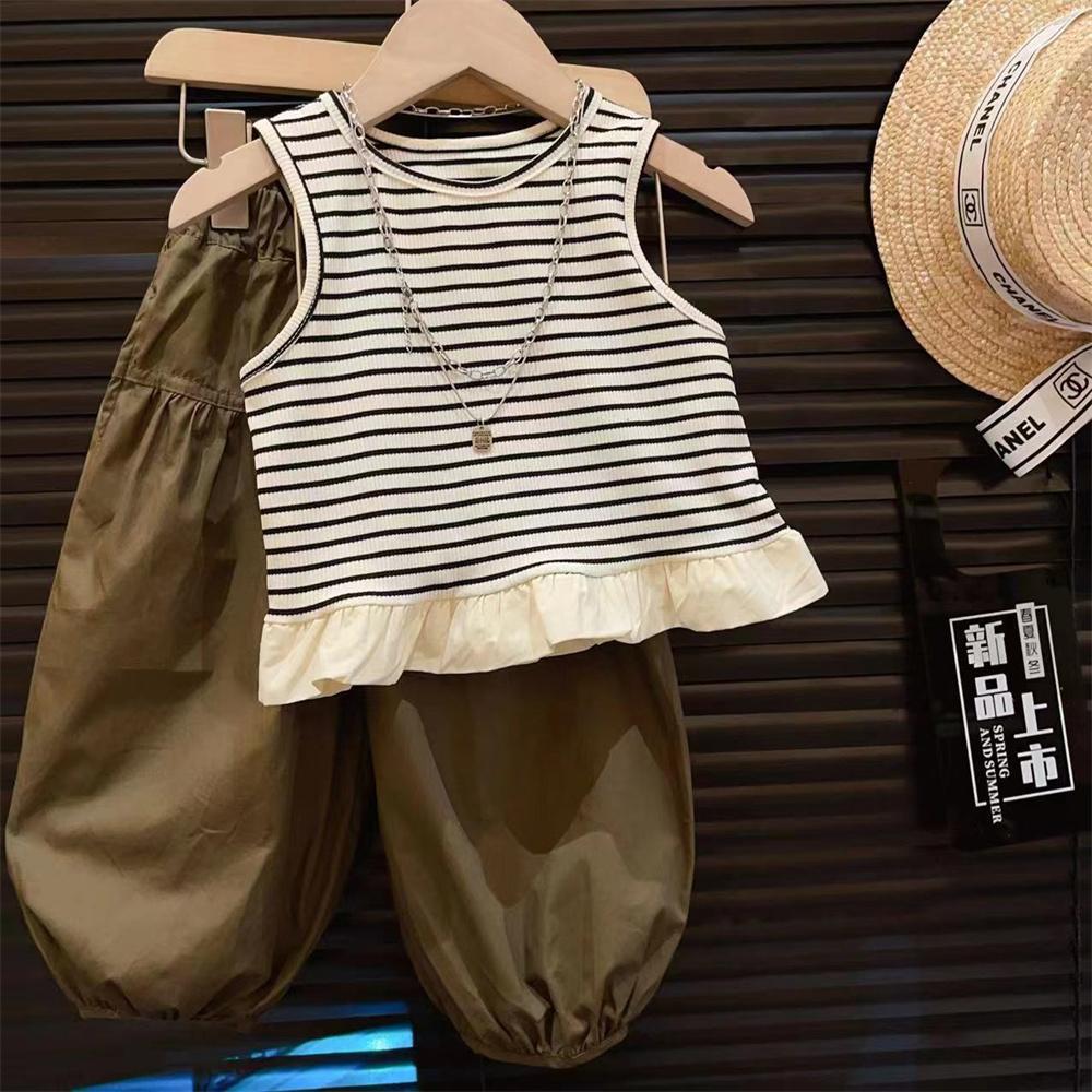 Casual Stripe Ruffle Sleeveless Top ampCargo Pants Set for Girls Summer Outfit Two-Piece Clothing