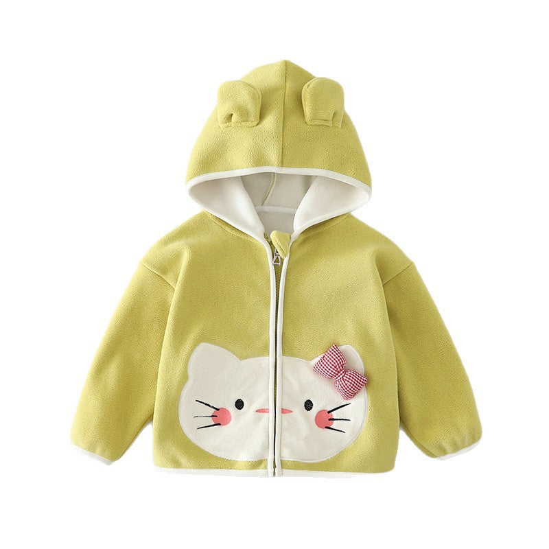 Girls Cat Print Fleece Lined Jacket Autumn Winter Warm Double Sided Fleece Top