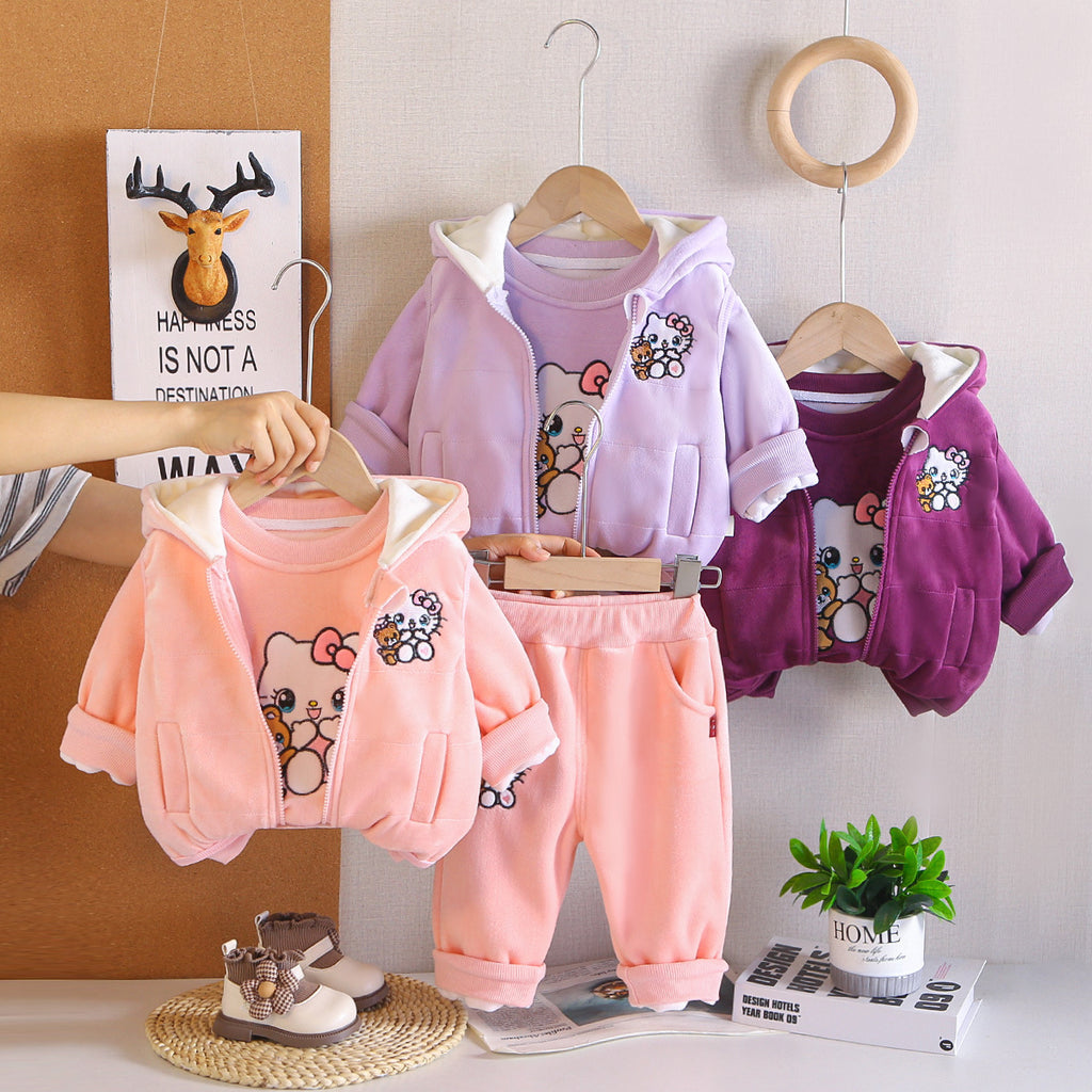 Girls Autumn Winter 3-Piece Set with Cat and Bear Print for Toddlers