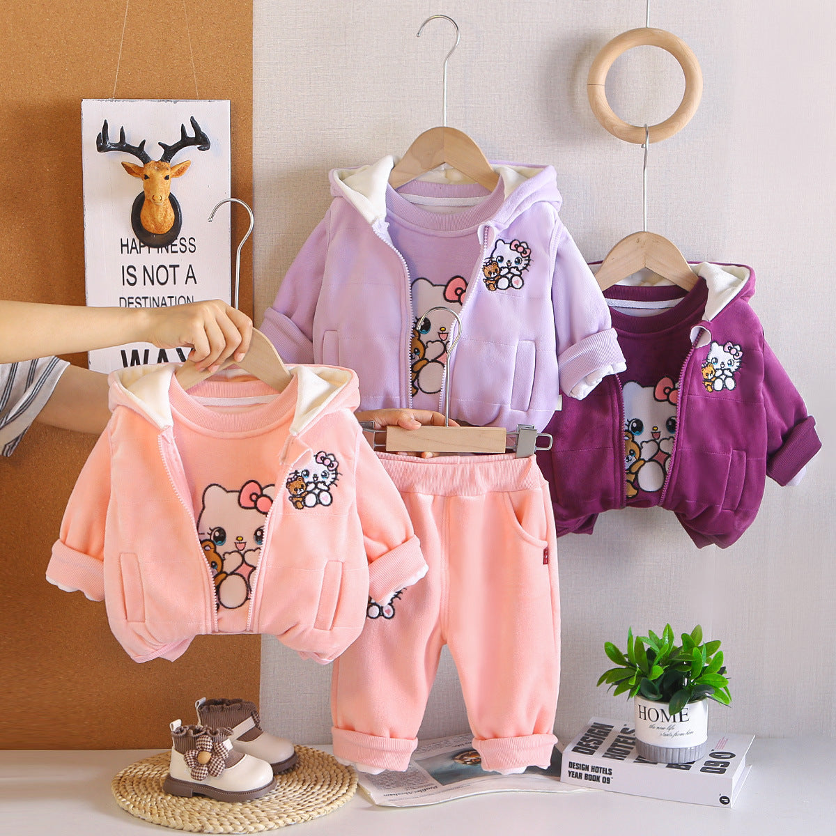 Girls Autumn Winter 3-Piece Set with Cat and Bear Print for Toddlers