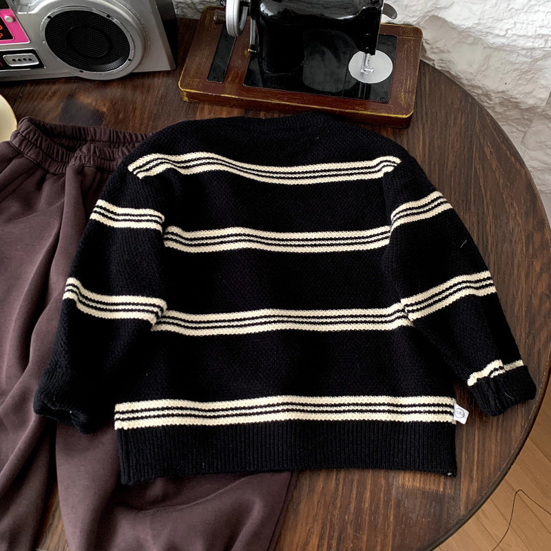 Children's color blocked striped knitted sweater for autumn and winter boys' clothing