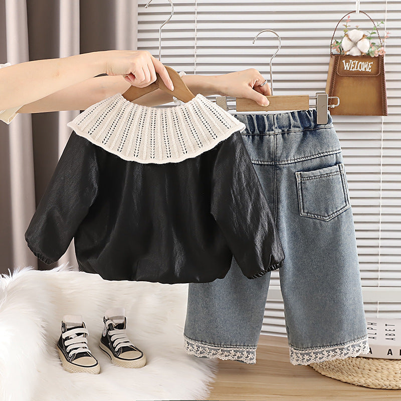 Girls Autumn Winter Knit Three-Piece Set with Large Lapel