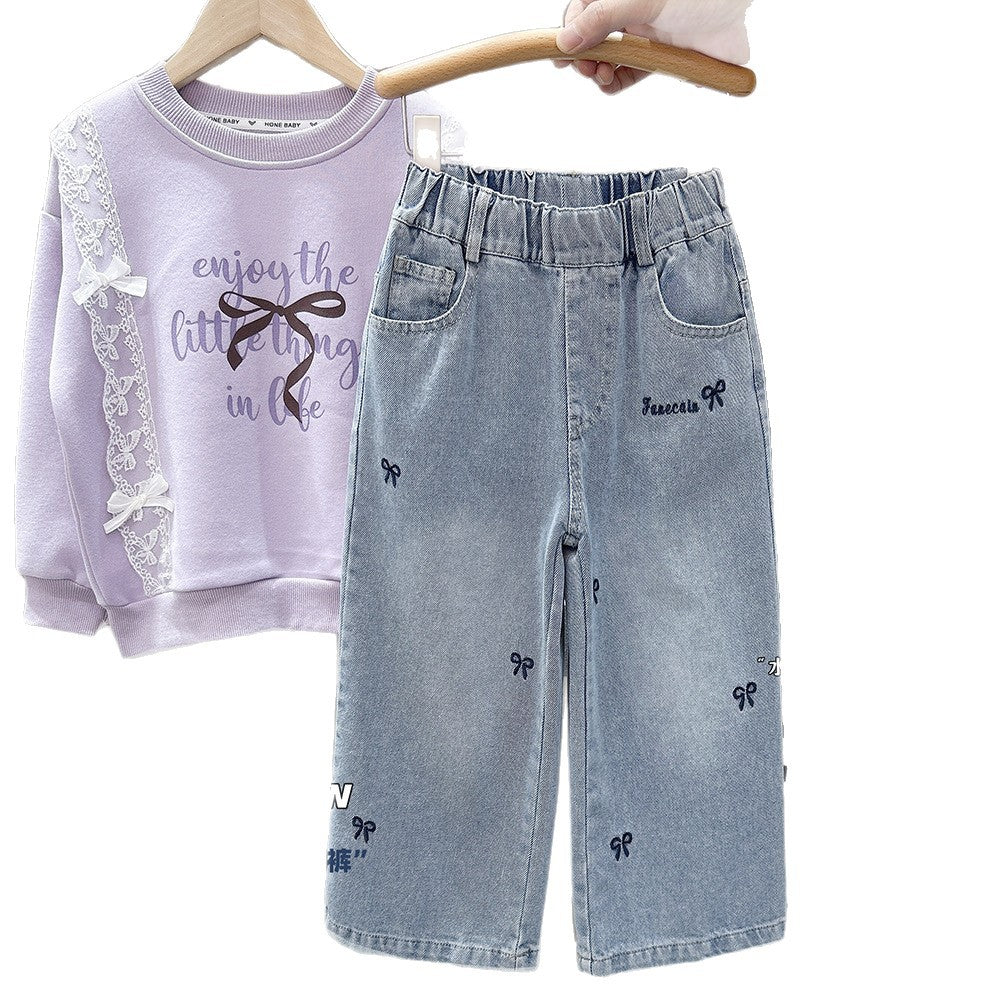 Casual Wide Leg Jeans for Girls, Straight Loose Fit Kids Denim Pants