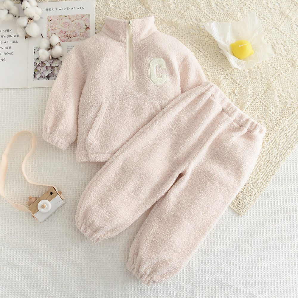 Fall Winter  Girls' Simple Letter Fleece High Neck Coat and Long Pants Two-Piece Set