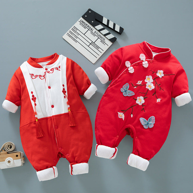 Red Baby Quilted Onesie Thickened Warm Clothing for Boys and Girls