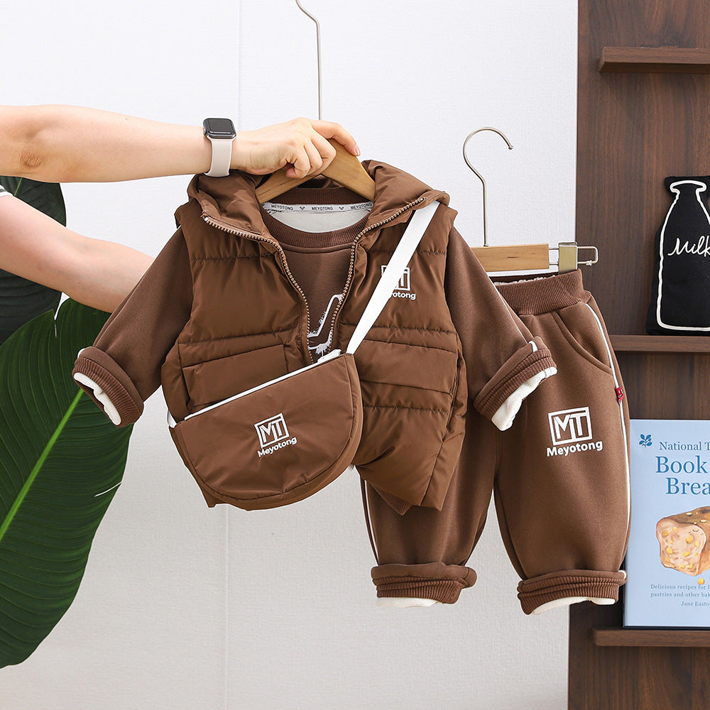 Winter clothing thickened warm vest children's hoodie three piece set