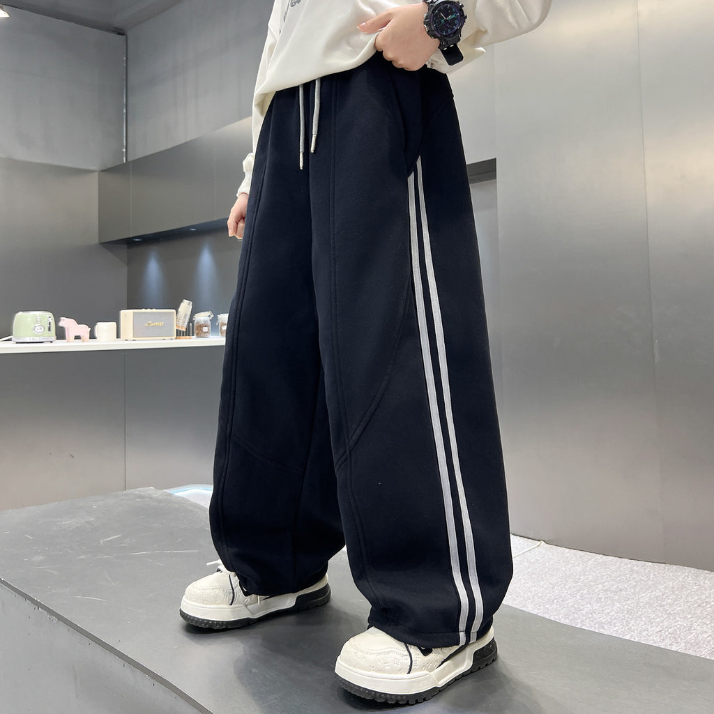 Boys Casual Three-Striped Athletic Pants - Relaxed Straight Leg Sweatpants for Big Kids - Autumn Winter