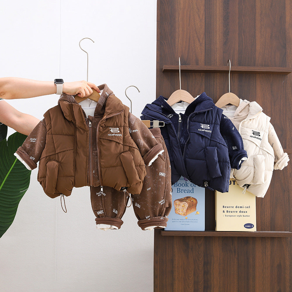 Thickened letter vest children's winter clothing three piece set