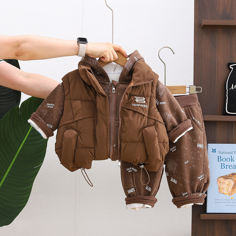 Thickened letter vest children's winter clothing three piece set