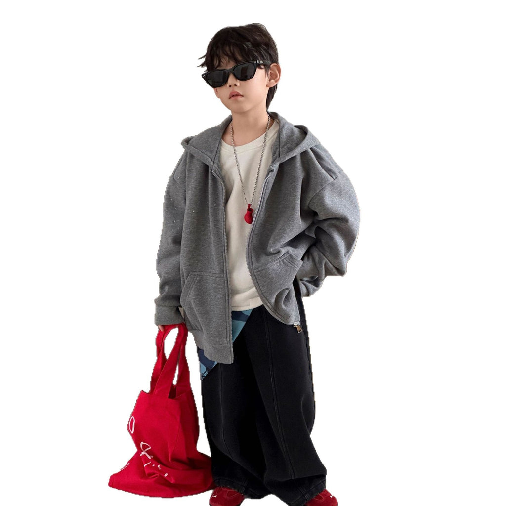 Boys' Thickened Fleece Hooded Zip-Up Jacket  Relaxed Fit Autumn Winter Kids Outerwear