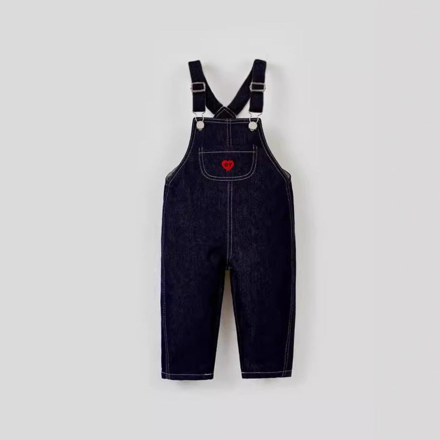 Casual Denim Overalls with Heart Pocket for Kids, Long Pants, Unisex Children's Jeans Trousers