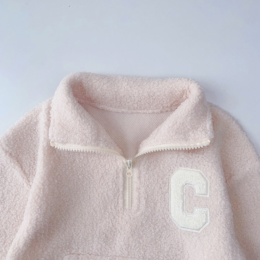 Fall Winter  Girls' Simple Letter Fleece High Neck Coat and Long Pants Two-Piece Set