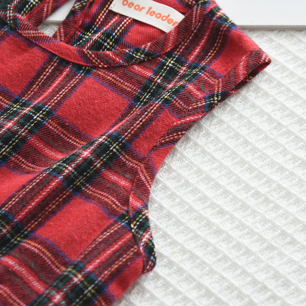 Autumn/Winter Girls' Green Long Sleeve Cardigan Top with Red Plaid Vest Dress Set Christmas Bestseller