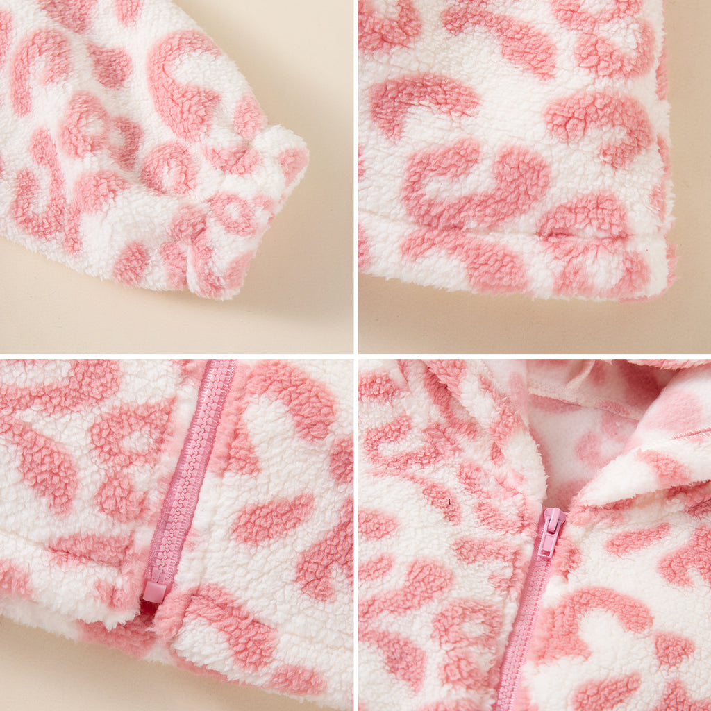 Winter Fashion Leopard Print Double-Sided Fleece Hooded Waist-Cinched Casual Coat for Girls