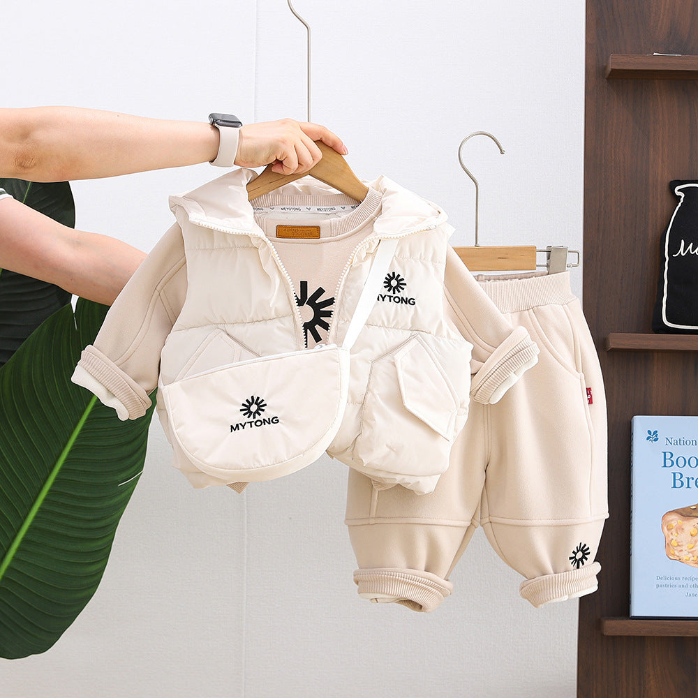 Thickened winter clothing baby warm hooded vest three piece set